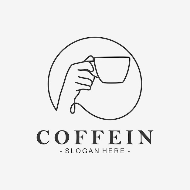 Coffee logo with hand concept holding cup of coffee in line art style