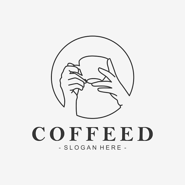ラインアートスタイルでコーヒーのカップを保持する手の概念を持つコーヒーのロゴ
