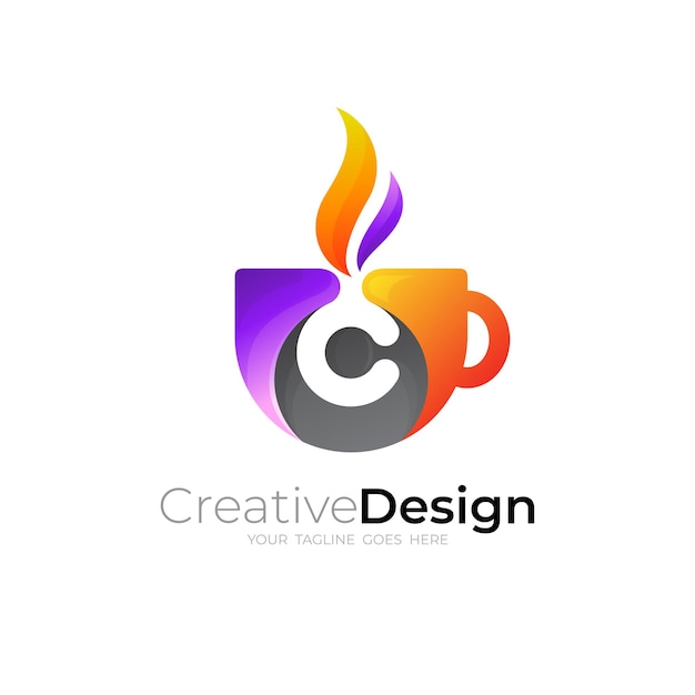 Coffee logo with letter c design template, 3d colorful