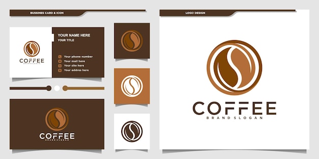 Coffee logo with luxury leaf style and business card design template premium vector