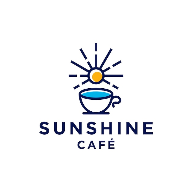 coffee logo with sunrise sunset and sea water in modern outline line art style vector icon template