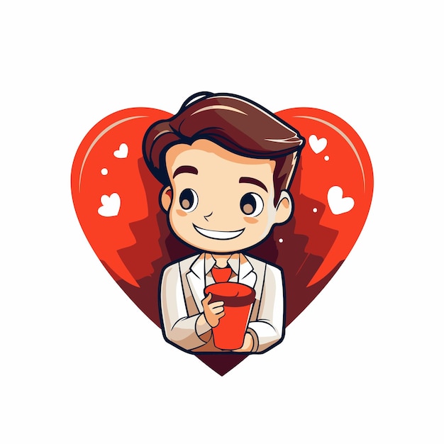 Coffee lover boy with coffee cup in heart shape Vector illustration