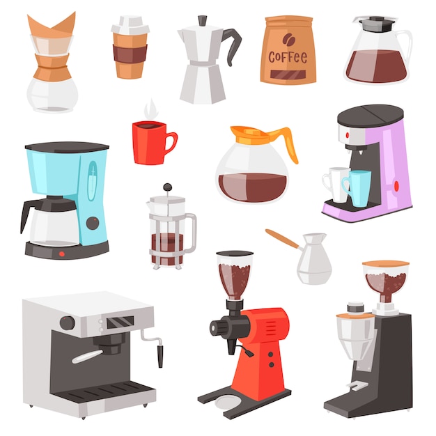 Кофеварка, кофеварка и кофемашина для кофе эспрессо с кофеином в кафе Иллюстрация набор профессионального оборудования для приготовления капучино на белом фоне