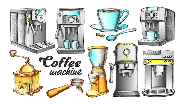 Vector coffee machine, holder and cup retro set