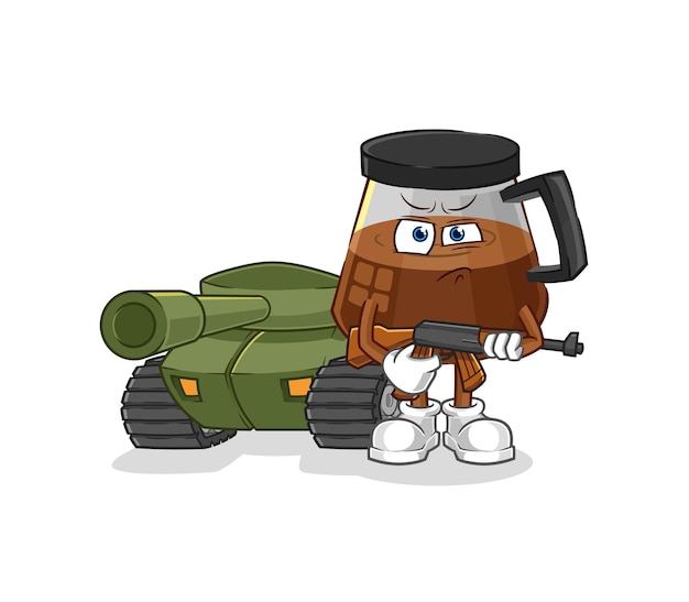 Vector coffee machine soldier with tank character cartoon mascot vector