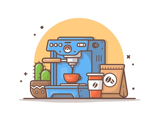 Coffee Machine with Cactus, Cup and Coffee Beans Vector Illustration