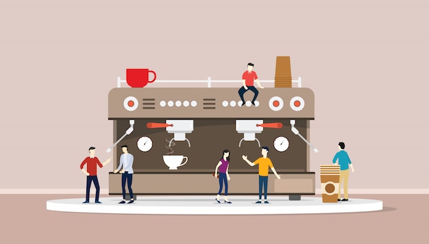 Vector coffee machine with people and cup of warm coffee