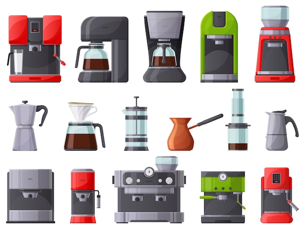 Кофеварки, кофеварка, эспрессо-машина и кофейник. Французская пресса, ресторан или домашние кофеварки векторные иллюстрации набор. Коллекция кофеварок для завтрака, френч-пресс