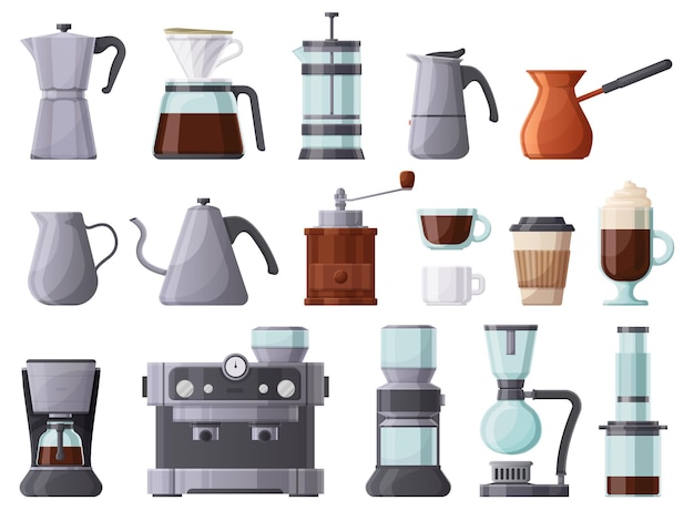 Macchine da caffè, french press, cezve, pot, aeropress e macchina per caffè espresso. insieme dell'illustrazione di vettore degli strumenti, delle tazze e delle caffettiere per la preparazione del caffè. elemento caffè bevanda calda. tazzina da caffè e macchina per bar