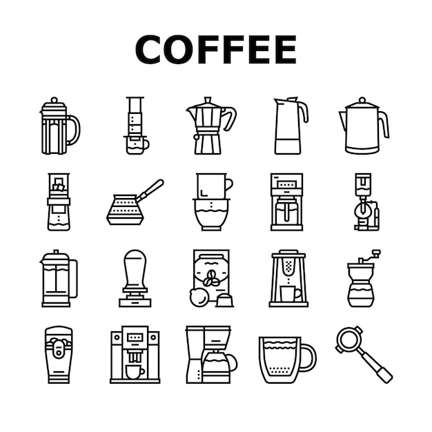 커피 만들기 기계 및 액세서리 아이콘 벡터 설정