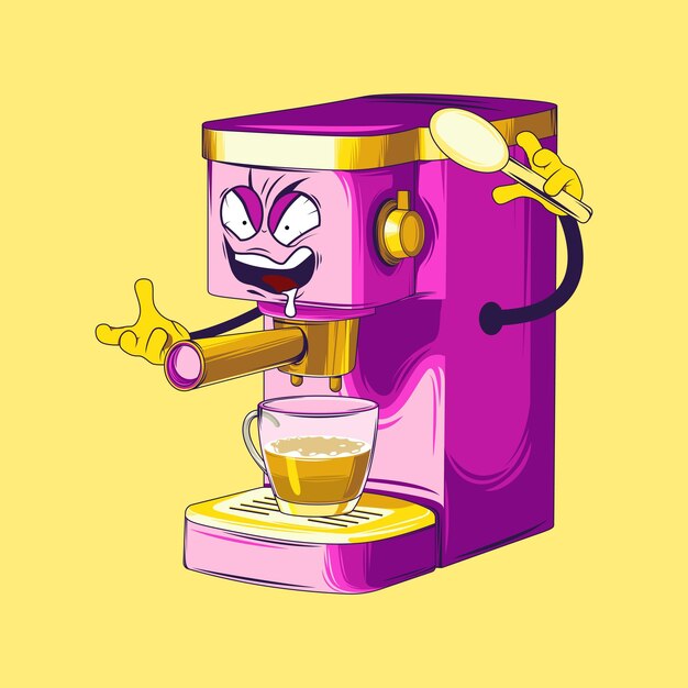 Personaggio dei cartoni animati della caffettiera vettore della caffettiera espresso