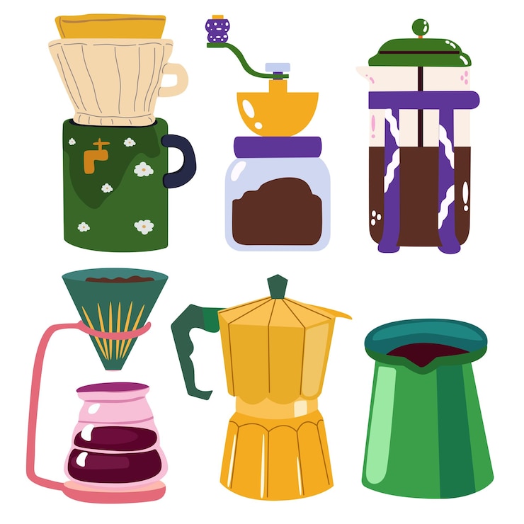 Vector coffee maker coffee beans in kraft paper grinder and other appliances for preparing hot drinks