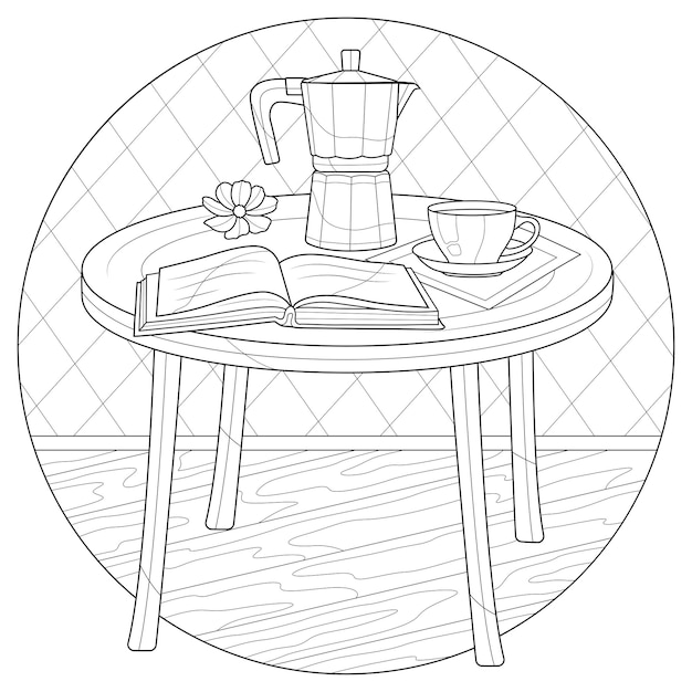 コーヒーメーカー、一杯のコーヒーとテーブルの上の本。子供と大人のための塗り絵の抗ストレス。白い背景で隔離のイラスト。