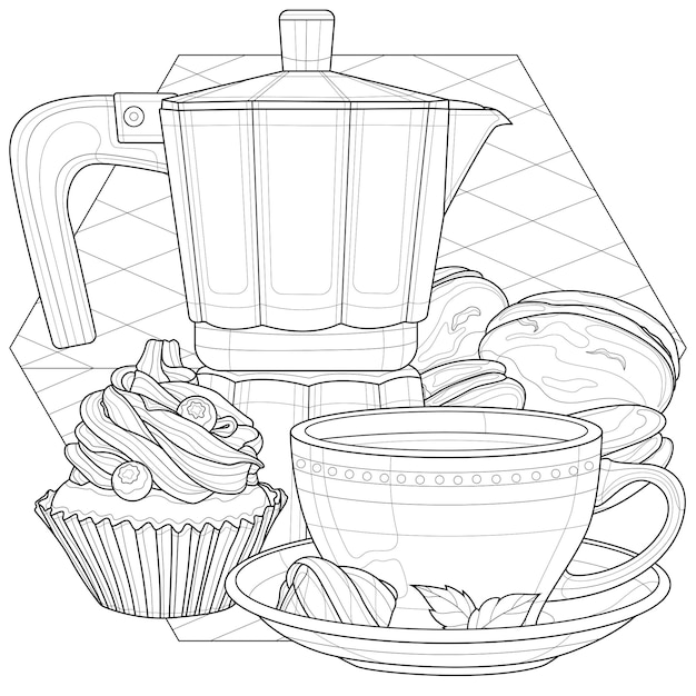 Coffee maker, cup and desserts.coloring book antistress for children and adults. illustration isolated on white background.black and white drawing.zen-tangle style.