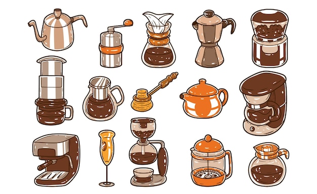 Coffee maker element handdrawn vector collection