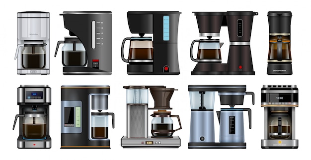 Vettore icona realistica dell'insieme della macchinetta del caffè. macchina realistica isolata dell'icona dell'insieme per il caffè. illustrazione caffettiera su sfondo bianco.