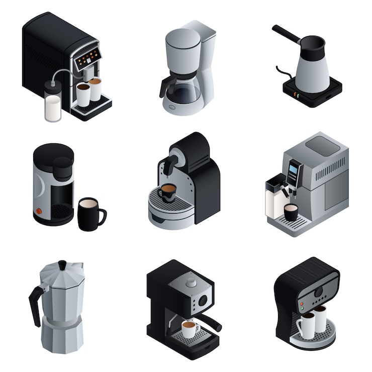 Vector coffee maker set. isometric set of coffee maker vector