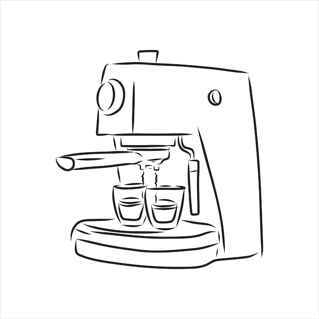 カップ付きコーヒーメーカーコーヒーメーカーと白い背景に描かれたカップの手コーヒーメーカーとカップ