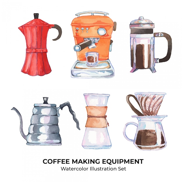 Insieme dell'illustrazione dell'acquerello dell'attrezzatura di fabbricazione del caffè