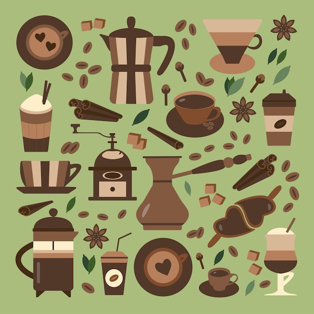 Значки приготовления кофе. Горячий шоколад, чай и специи органические элементы меню. Кофемашины, напитки с собой, продукты и биологические напитки. Эспрессо, латте, капучино в стаканах и чашках.