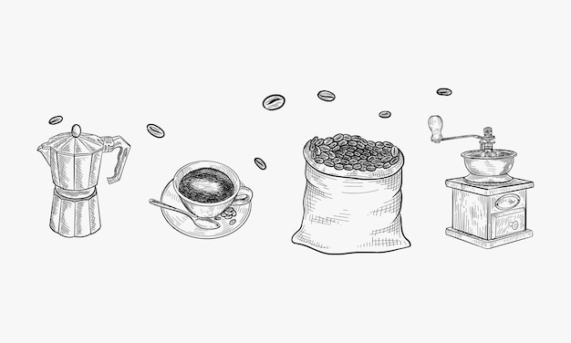 Vettore set di oggetti per la preparazione del caffè grinder bag beans cup moka pot coffee maker vintage hand drawn engraving etching style