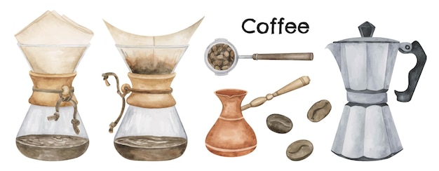 Coffee making watercolor illustrations pour over coffee maker