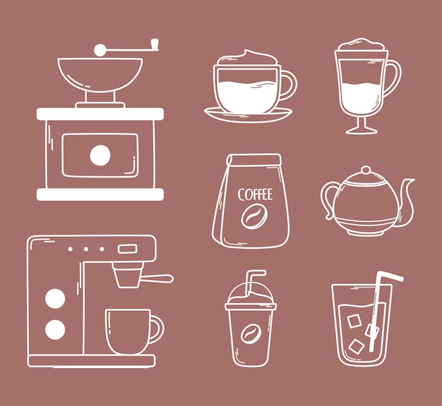 Кофе ручная обжарочная машина чайник фраппе холодные свежие иконки линия и заливка