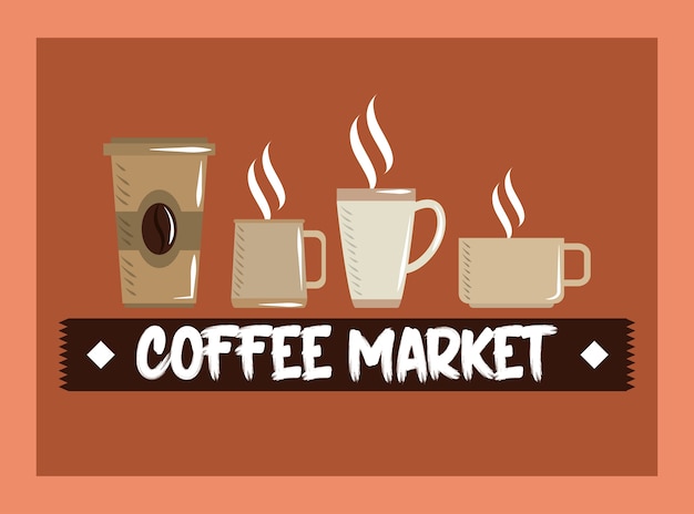 커피 시장, 일회용 컵 및 세라믹 컵 뜨거운 음료 벡터 일러스트 레이션