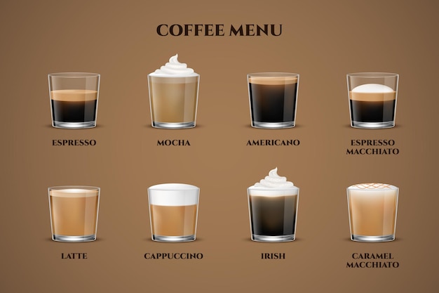 Coffee menu Espresso in transparent glass cup cappuccino and latte shot americano aroma mocha with ice milk Cafe or restaurant foam cold and hot drinks Vector realistic isolated 3d set