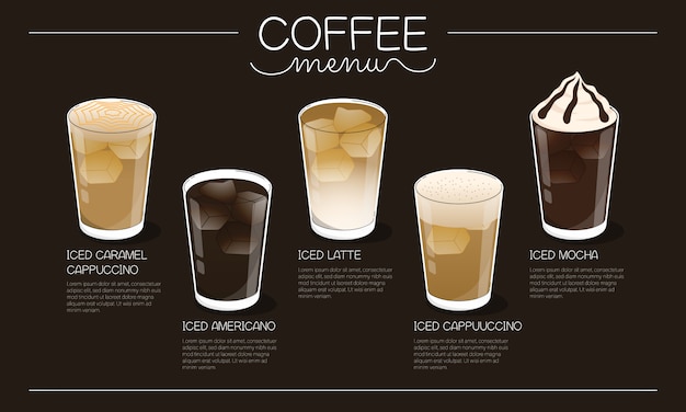 Coffee menu illustration with different ice coffee drink types on dark background