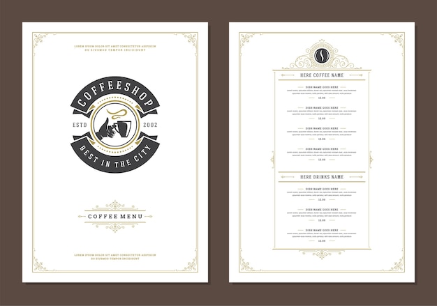 Vector coffee menu template design flyer for bar or cafe with coffee mug symbol and retro typographic