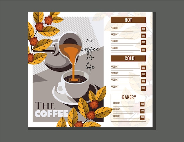 Coffee menu template elegant leaves cup decor