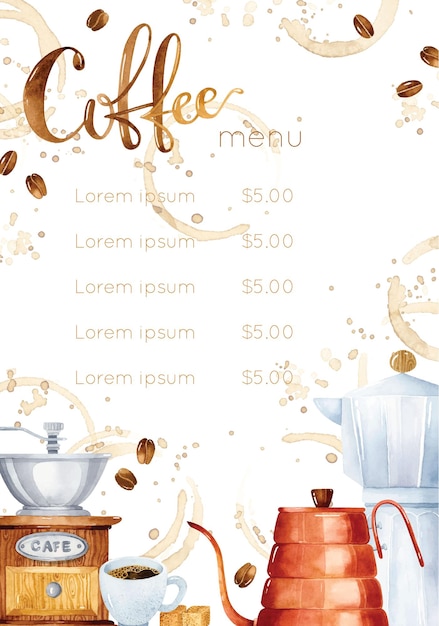 Modello dell'acquerello del menu del caffè con la moka del macinacaffè e la tazza di caffè espresso