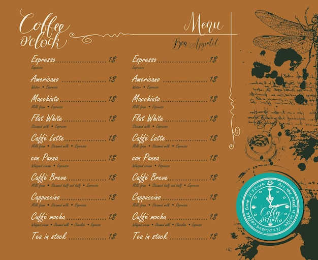 Вектор Кофейное меню с ценами