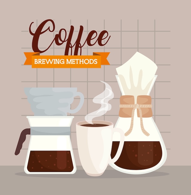 Metodi del caffè, tazza in ceramica con chemex e versare sopra il design