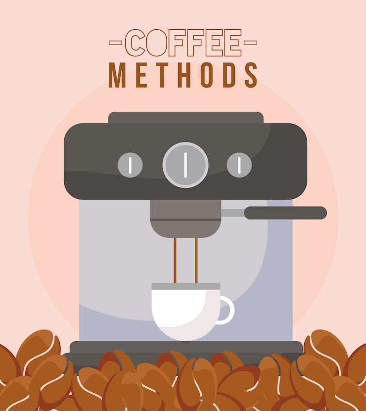 Vector coffee methods with machine cup and beans design of drink caffeine 