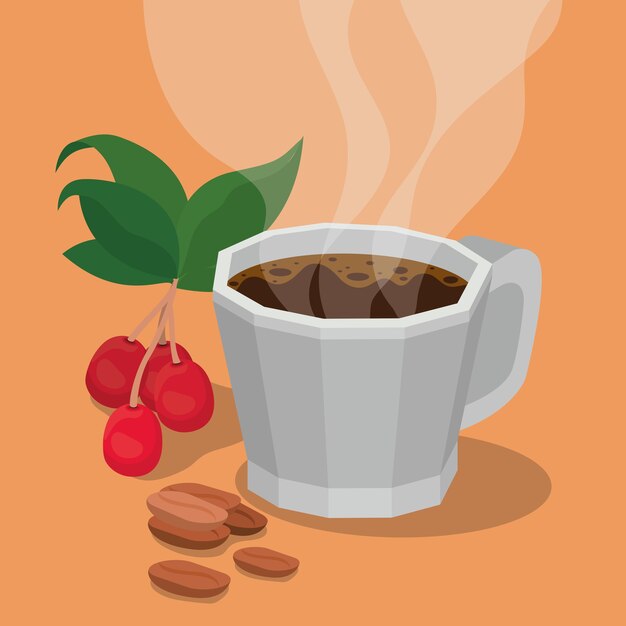 Кофейная кружка с ягодами, листьями и бобами, дизайн напитка, кофеина, завтрака и напитка.