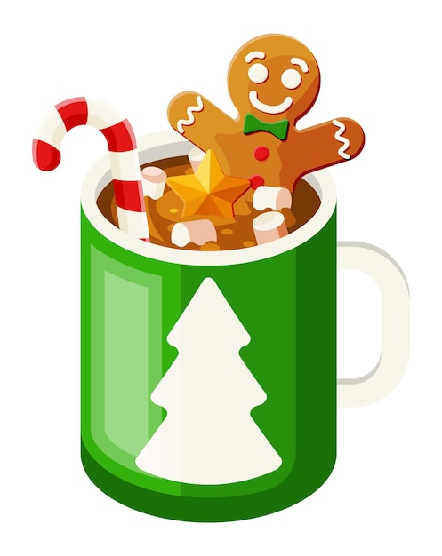 진저브레드 맨, 마시멜로, 사탕 지팡이가 있는 커피 머그. 디저트와 함께 크리스마스 뜨거운 음료입니다. 핫초코, 코코아. 새 해, 메리 크리스마스 휴일 크리스마스 축 하입니다. 평면 벡터 일러스트 레이 션