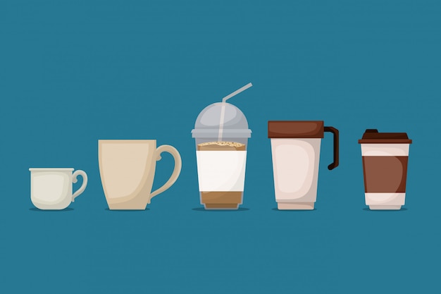 Le tazze da caffè progettano, bevono il ristorante del forno della bevanda della prima colazione della bevanda e l'illustrazione di vettore di tema del negozio