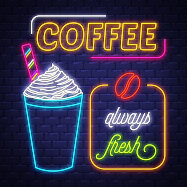 Caffè-neon sign vector. insegna al neon del caffè sul fondo del muro di mattoni