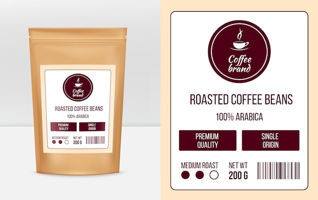 Coffee package label food bag design sticker with hot beverage in cup realistic mockup product template paper kraft pouch package zipper sachet front view vector realistic print