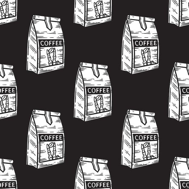 Vector coffee packaging seamless pattern in vintage style on black background