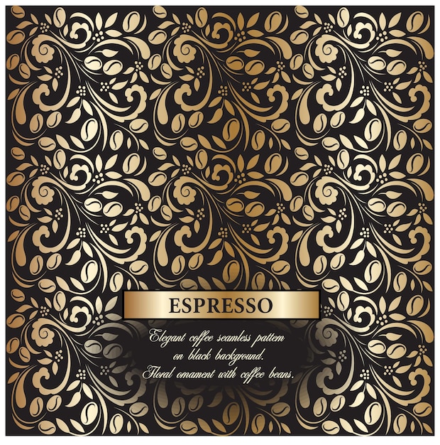 검은색 바탕에 있는 금색 커피 과 잎의 커피 패턴