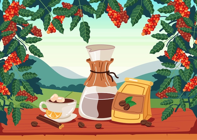 Illustrazione astratta di concetto dell'elemento di progettazione dell'albero dei prodotti della piantagione della pianta del caffè