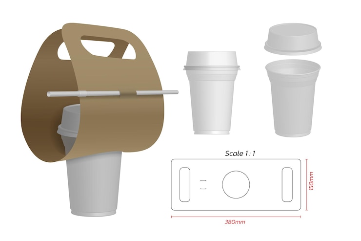 Vector coffee plastic cup with holder kraft paper for take away, dimensions for packaging, 3d mockup