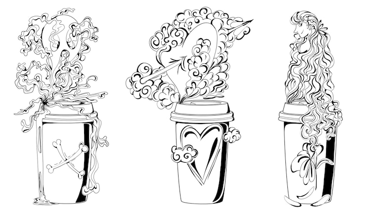 Vector coffee poison love potion youth elixir set illustrations of a coffee cup with toxic components