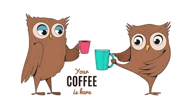 Coffee poster with owls Cute drawing owl holding hot drink cup seasonal cafe vector banner