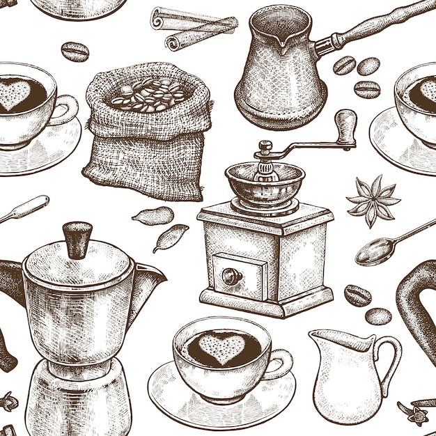 Coffee pot, coffee grinder, coffee cups, donuts