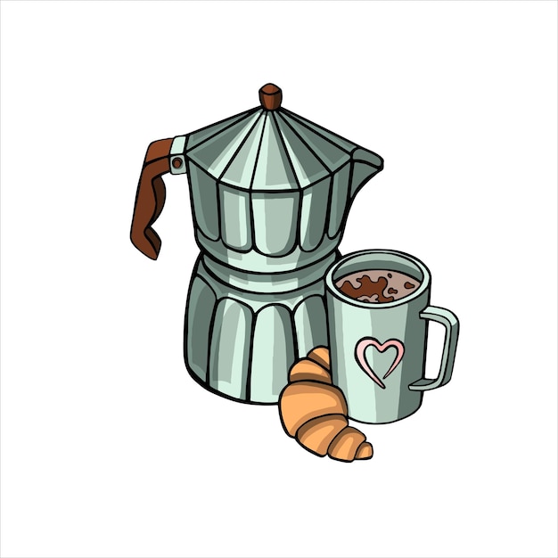 Coffee pot and cup of coffee with croissant illustration