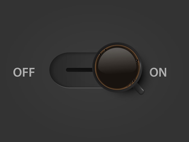 Vector coffee power concept vector 3d realistic off on switch with coffee in black mug creative banner with coffee cup design template top view